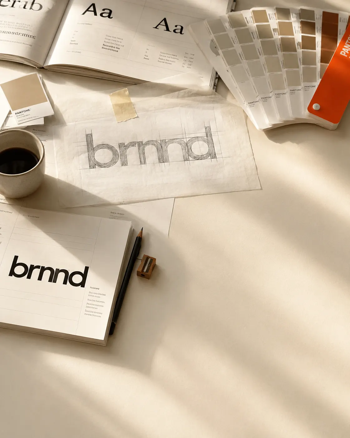 Brand transformation in motion — BRNND identity sketches, Pantone swatches and brand book in studio